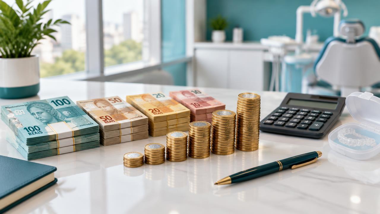 Dinheiro, pilhas crescentes de moedas e calculadora representando crescimento financeiro na clínica
